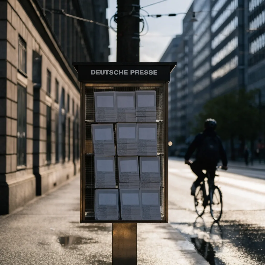 Zeitschriftenstapel und Straßenszene in Düsseldorf am Morgen