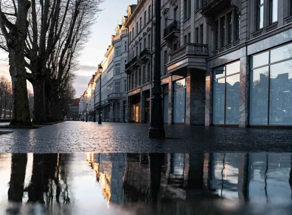 Zeitungsauslage an der Königsallee im frühen Morgenlicht