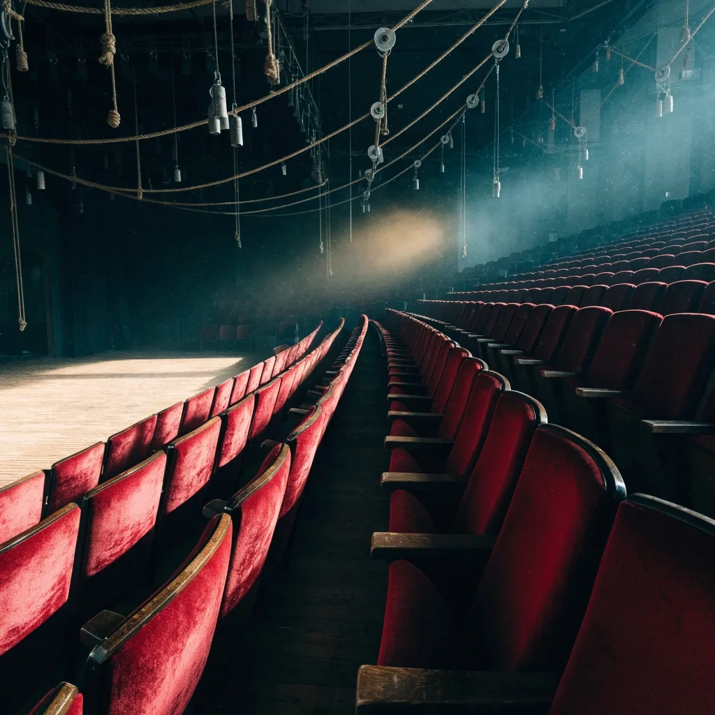 Leeres Theaterfoyer am Morgen: rote Sitzreihen, leere Bühne und Seile im Schnürboden im kalten Nordlicht