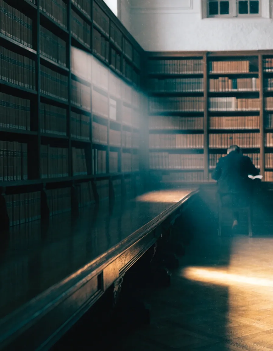 Lesesaal einer Stadtbibliothek am Morgen mit Regalen und einem Lesenden im Hintergrund