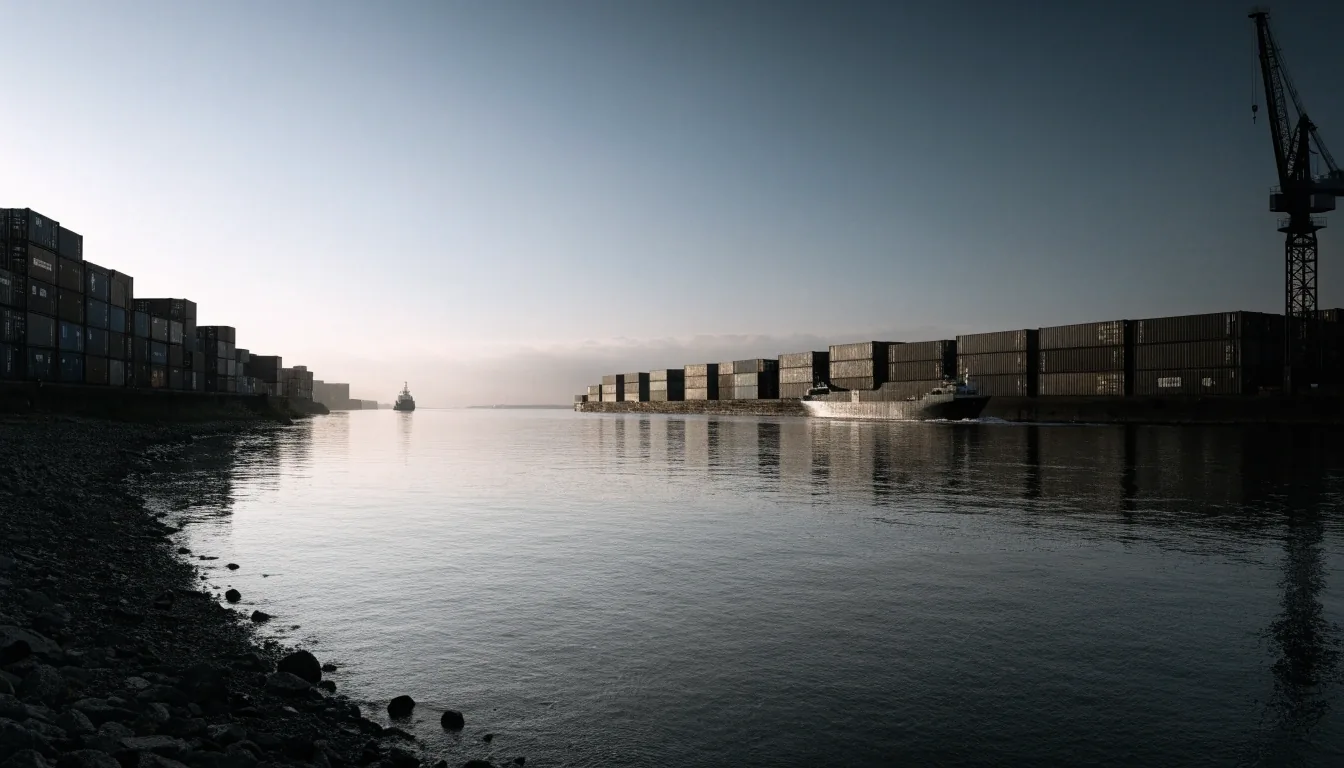 Rheinhafen im ersten Morgenlicht mit Containerstapeln, Frachtschiff und Kran am Bildrand