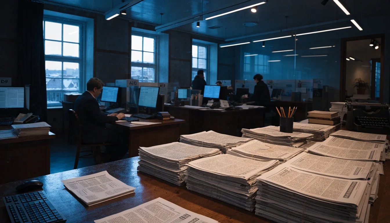 Zeitungsexemplare auf einem Redaktionsdesk in kaltem Morgenlicht, gestapelt in unterschiedlichen Höhen