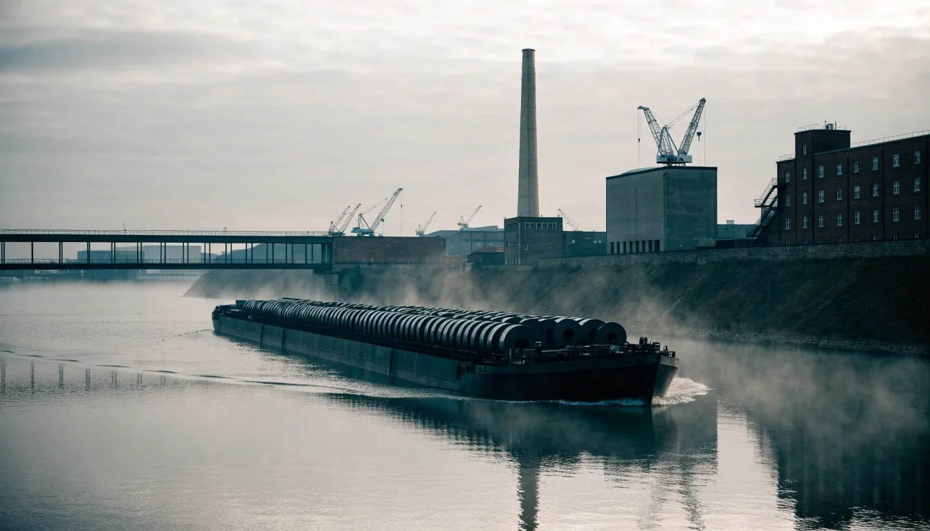 Binnenschiff auf dem Rhein vor industrieller Kulisse im Morgennebel