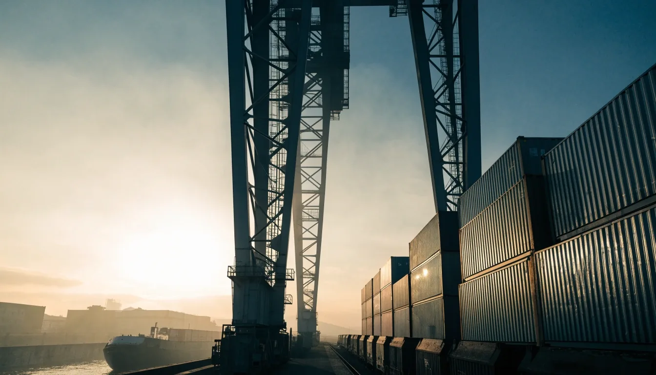 Containerterminal am Morgen mit gestapelten Containern und Verladekranen