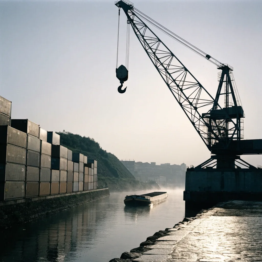 Rheinhafen bei Düsseldorf im ersten Morgenlicht mit Hafenkran und Containern