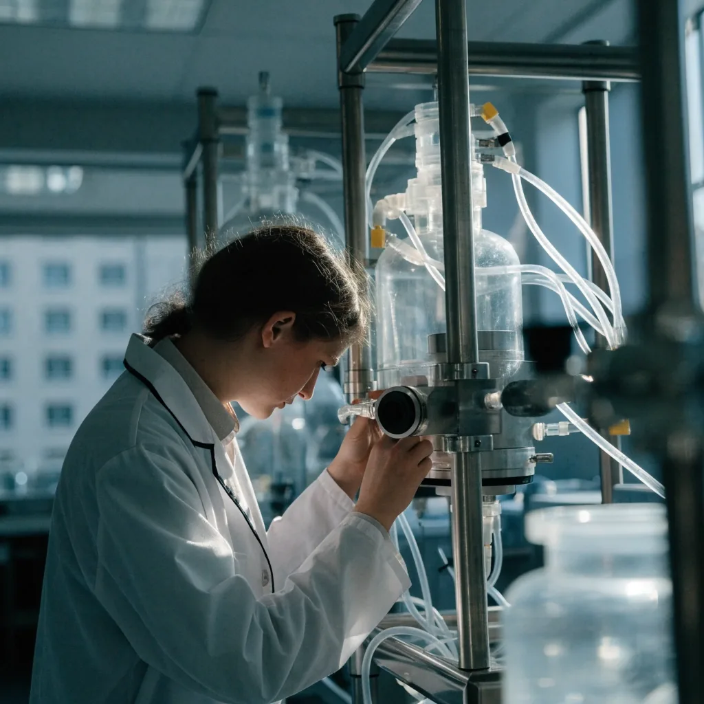 Laborbank am Morgen: Pipette über einem Becher, kühles Nordlicht auf der Stahlkante