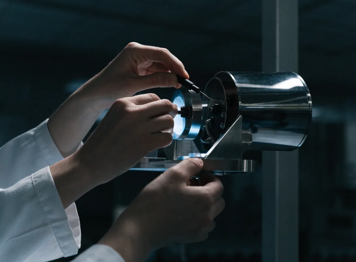Versuchsaufbau im Physiklabor: Vakuumkammer hinter Acrylschutz, kühles Instrumentenlicht